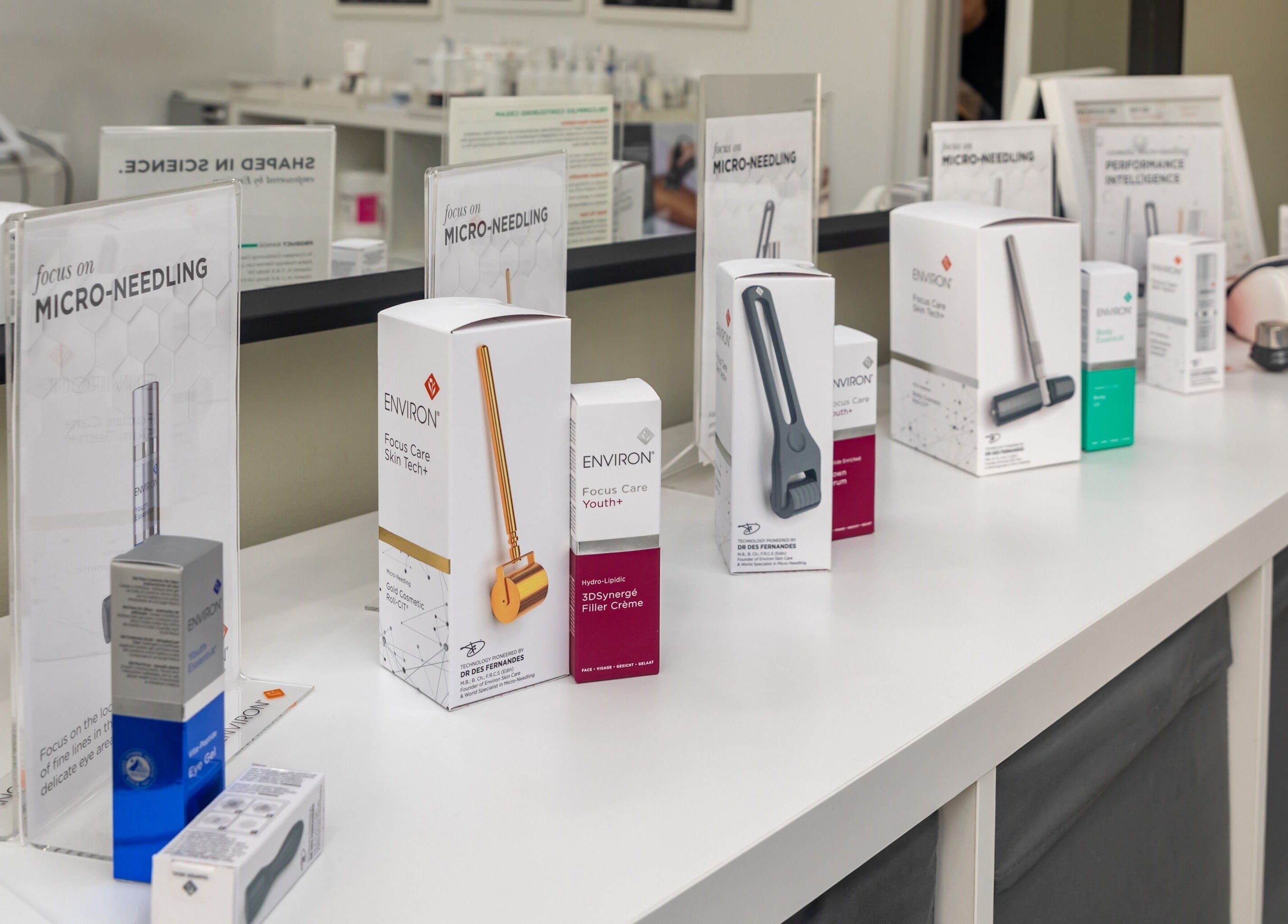 Product display at The Renew Anti-Aging Center, New York, New York, US, highlighting skincare essentials.