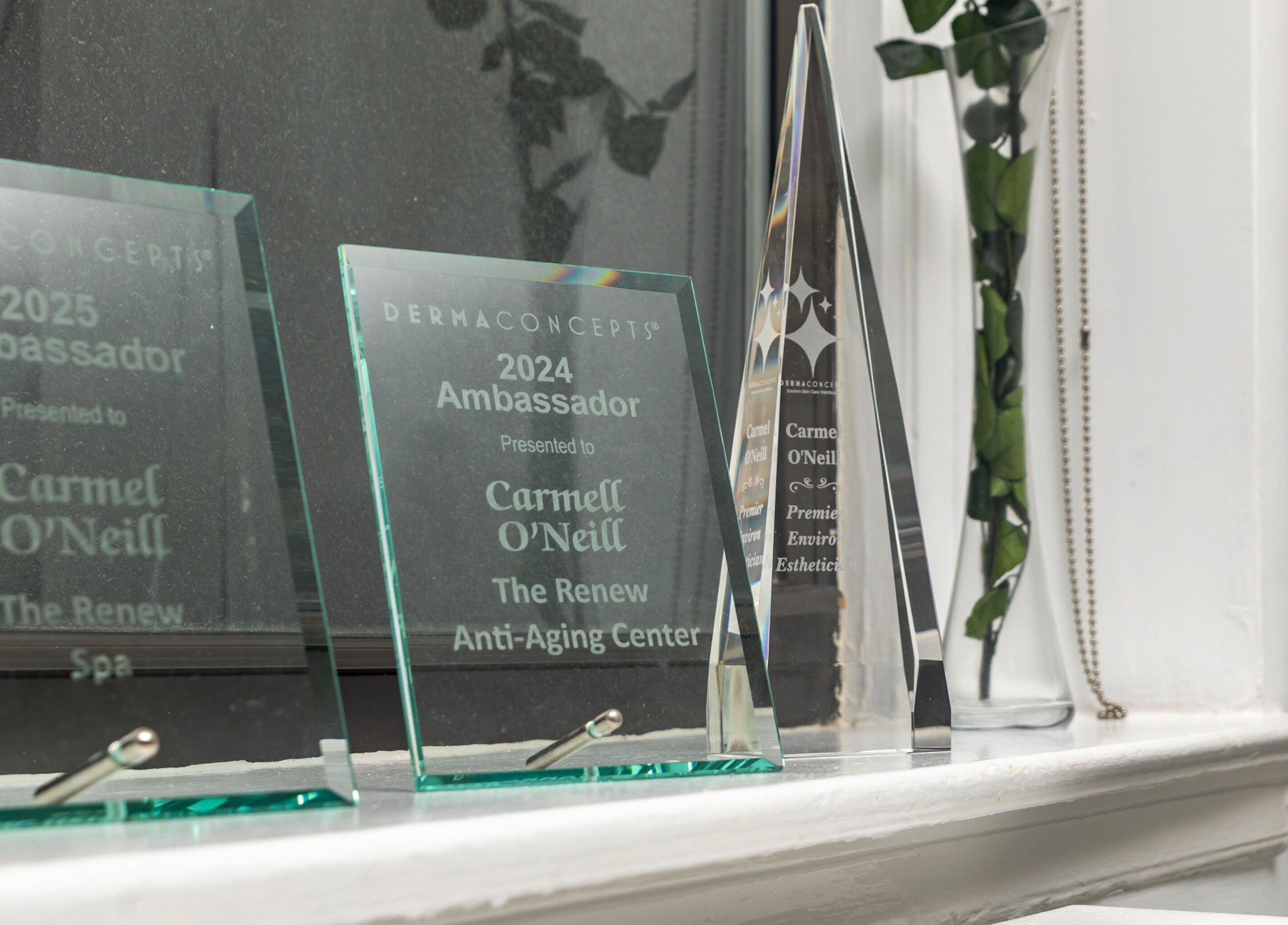 Awards displayed at The Renew Anti-Aging Center in New York, New York, US, highlighting excellence.