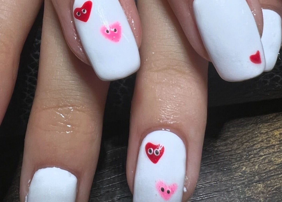Chic heart-designed nail art at Blush Beauty Studio, Henfield, England, GB.