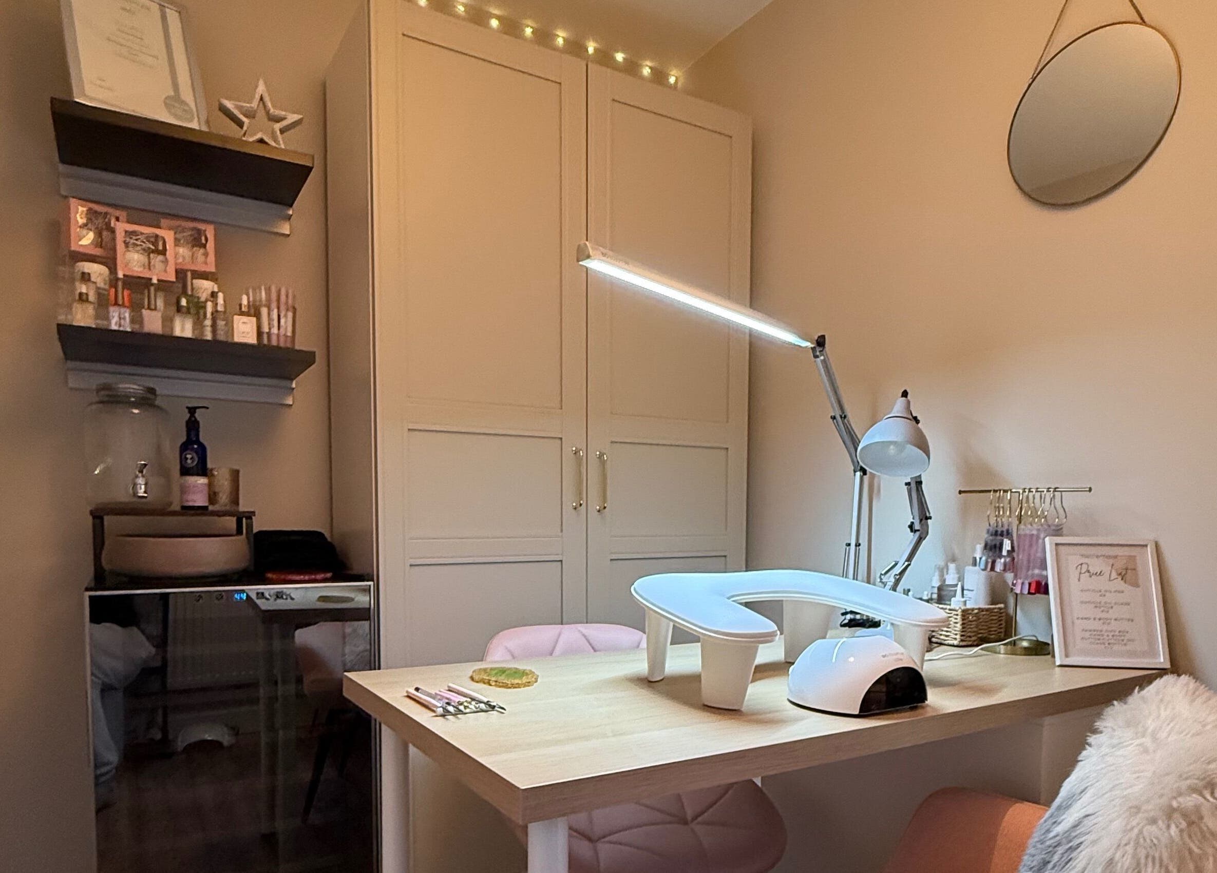 Nail salon interior at Nails by Tasha, North Hykeham, England, GB showcasing cozy elegance and modern decor.