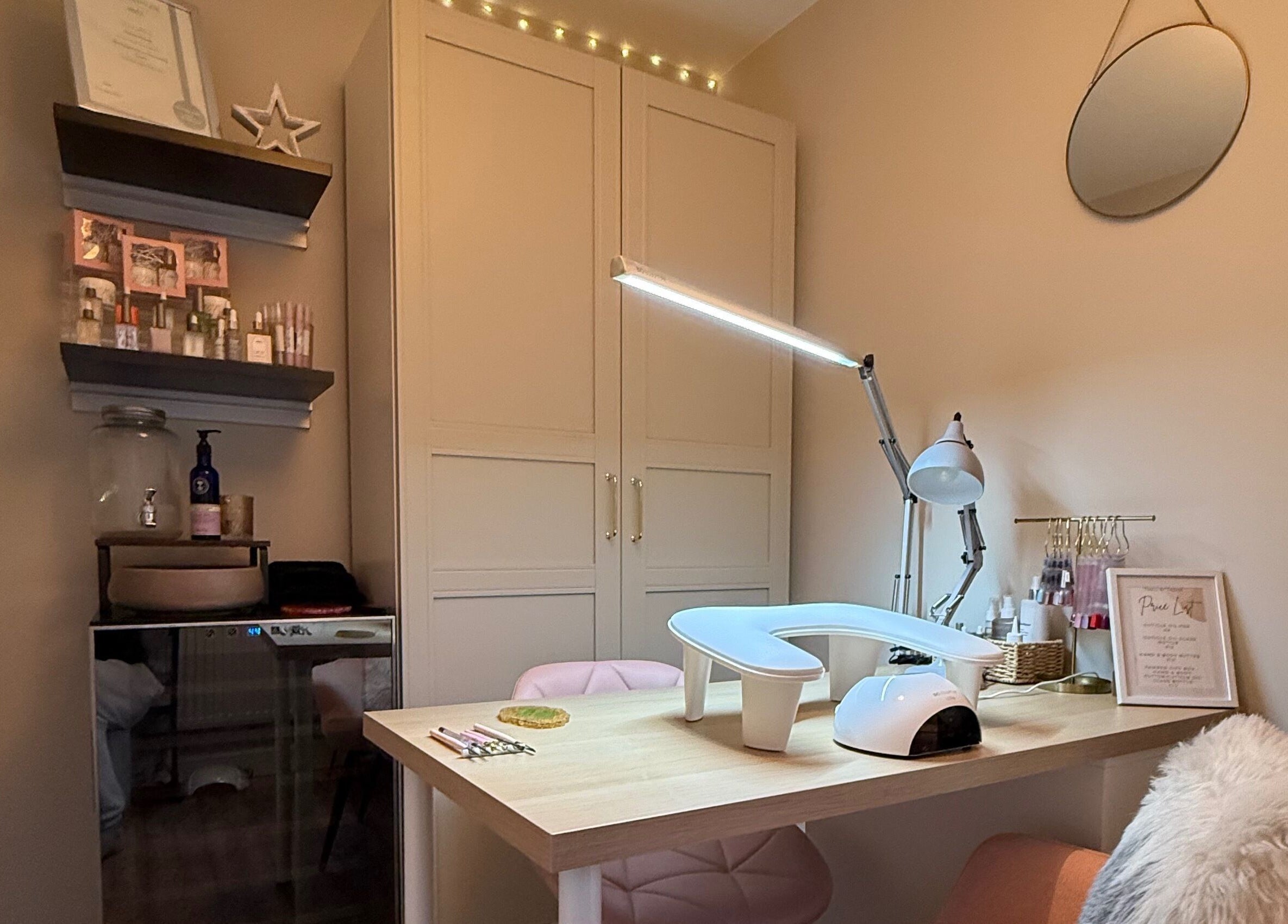 Nail salon interior at Nails by Tasha, North Hykeham, England, GB showcasing cozy elegance and modern decor.