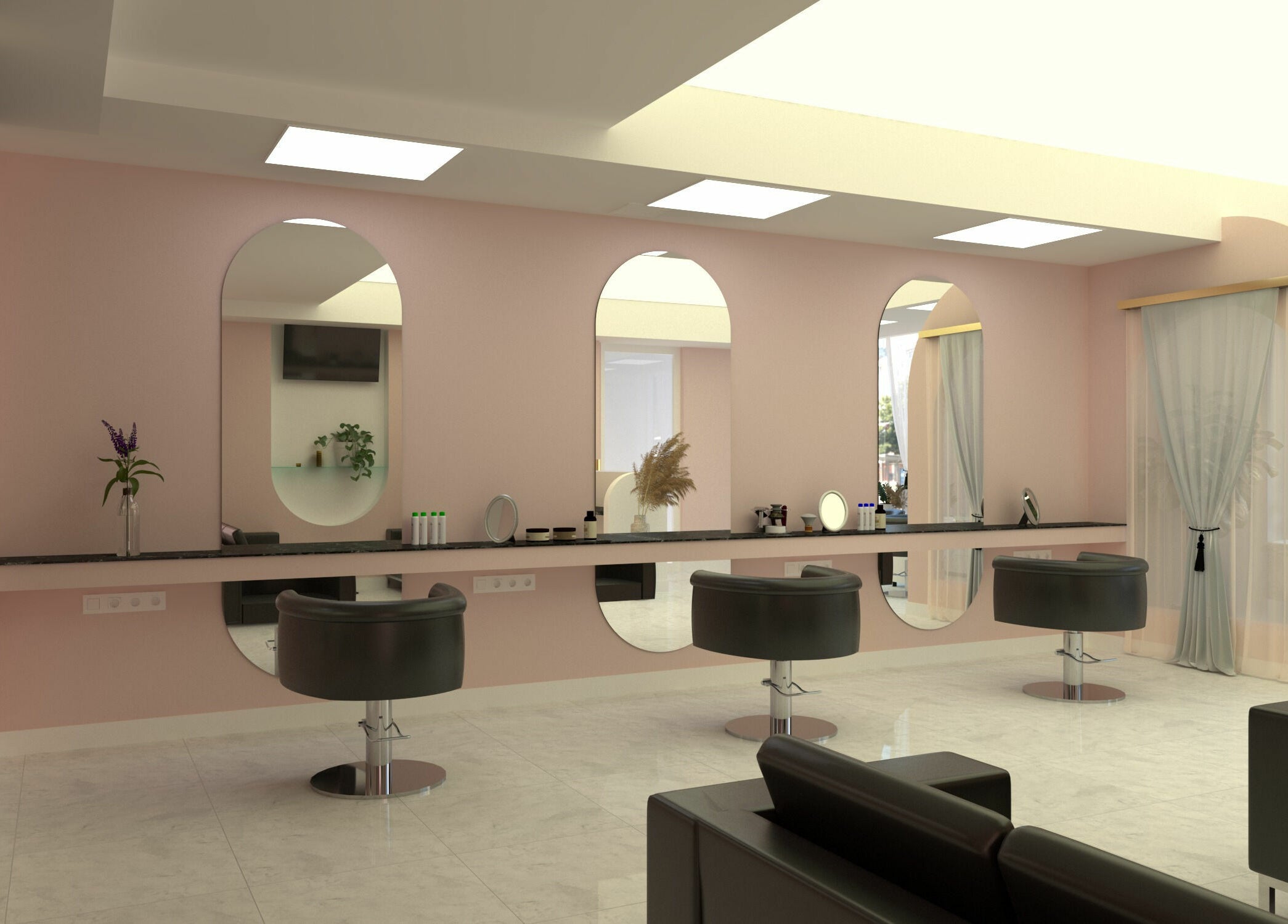 Interior modern al Diva Salon din Chișinău, Chișinău, MD, cu oglinzi mari și scaune confortabile.