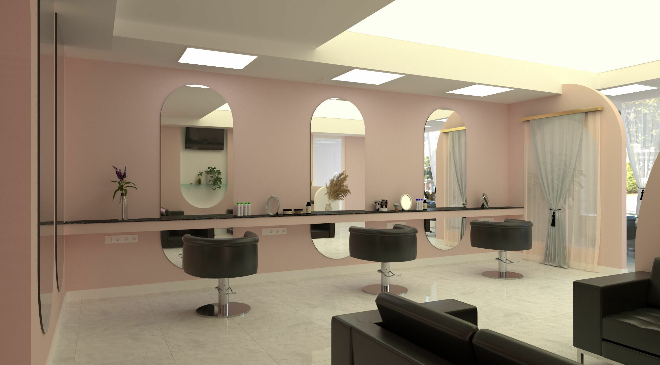 Interior modern al Diva Salon din Chișinău, Chișinău, MD, cu oglinzi mari și scaune confortabile.