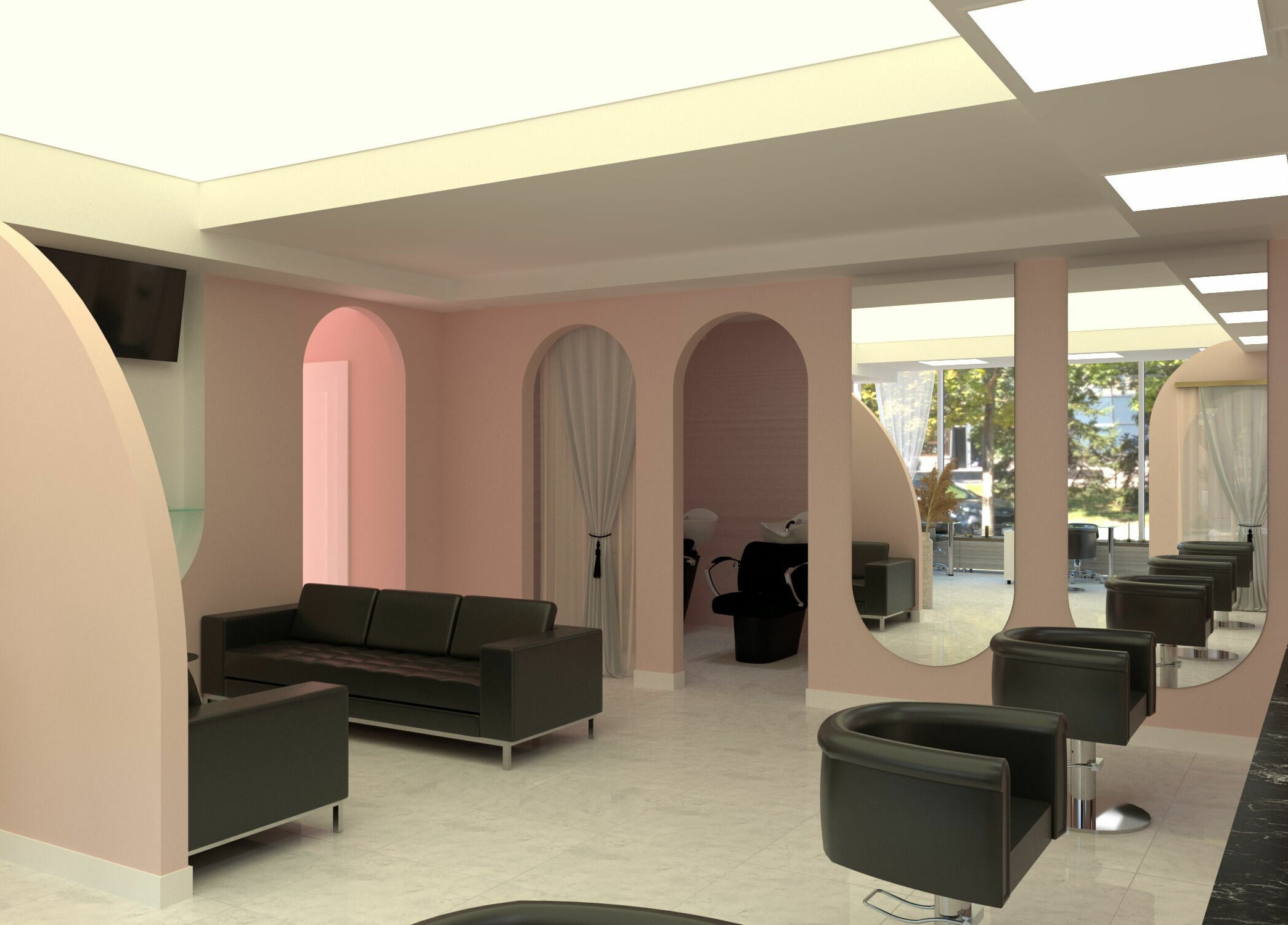 Interior modern la Diva Salon, Chișinău, MD, cu scaune și oglinzi elegante.