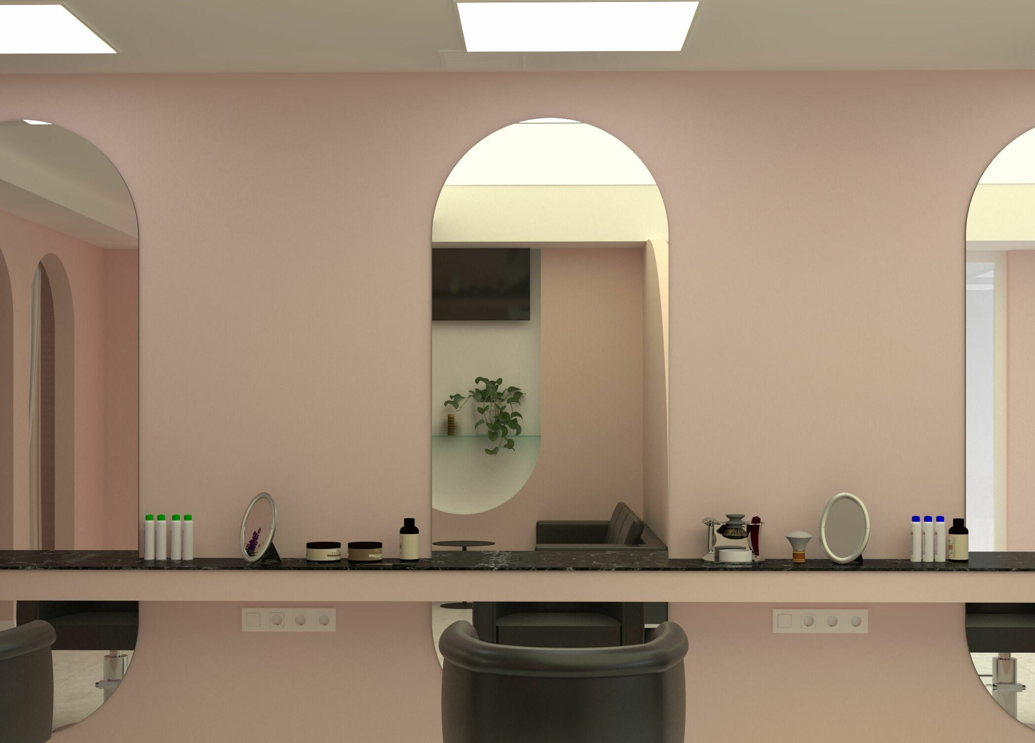 Interior modern și elegant al salonului Diva Salon din Chișinău, Chișinău, MD cu oglinzi și decor pastelat.