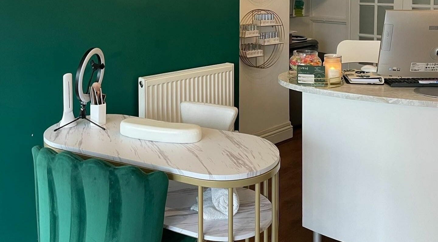 Elegant beauty desk at No8Beauty, Newport, Wales, GB showcasing sophisticated design and tranquil ambiance.