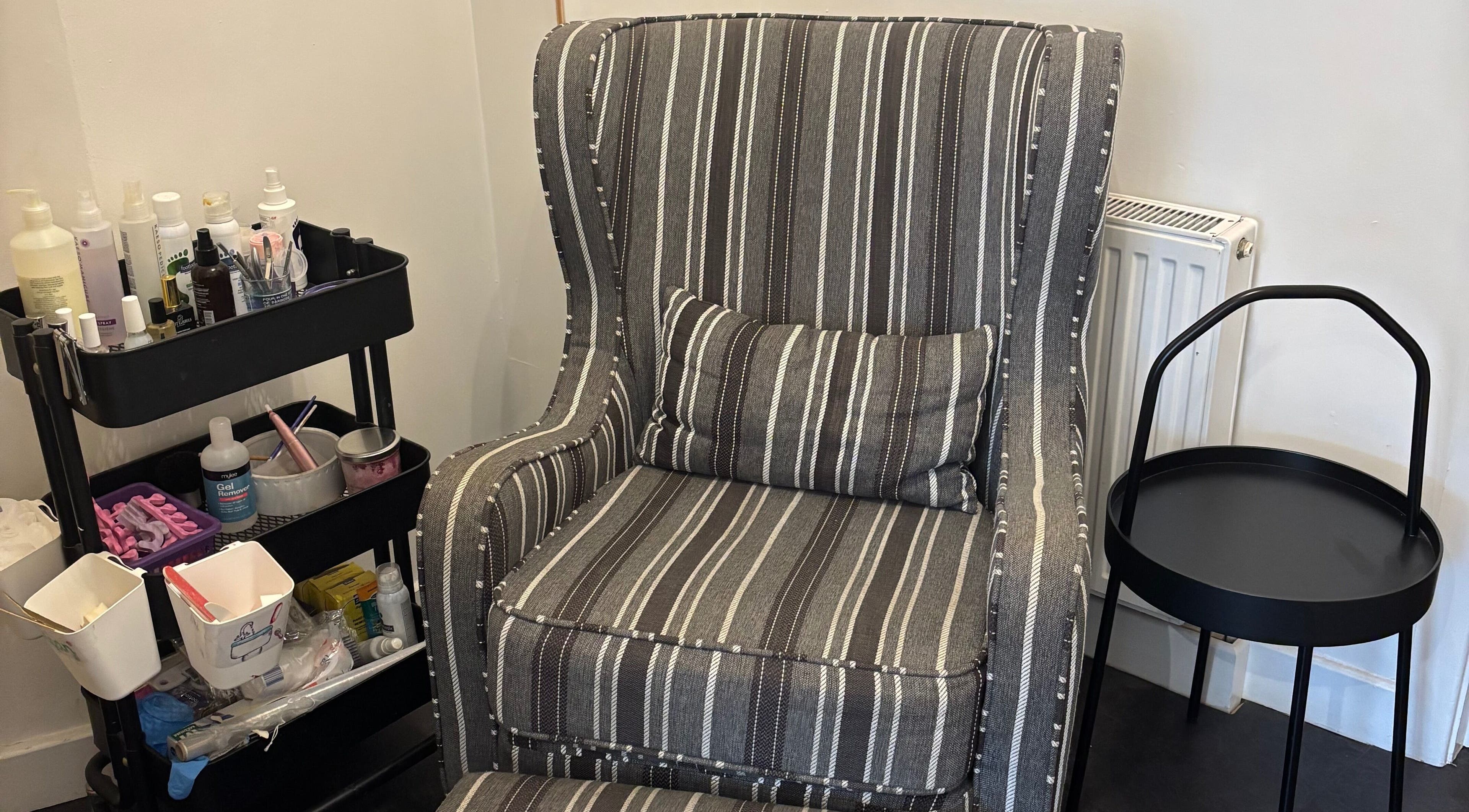 Comfortable chair and beauty supplies at Beauty by Calandra, Birmingham, England, GB.