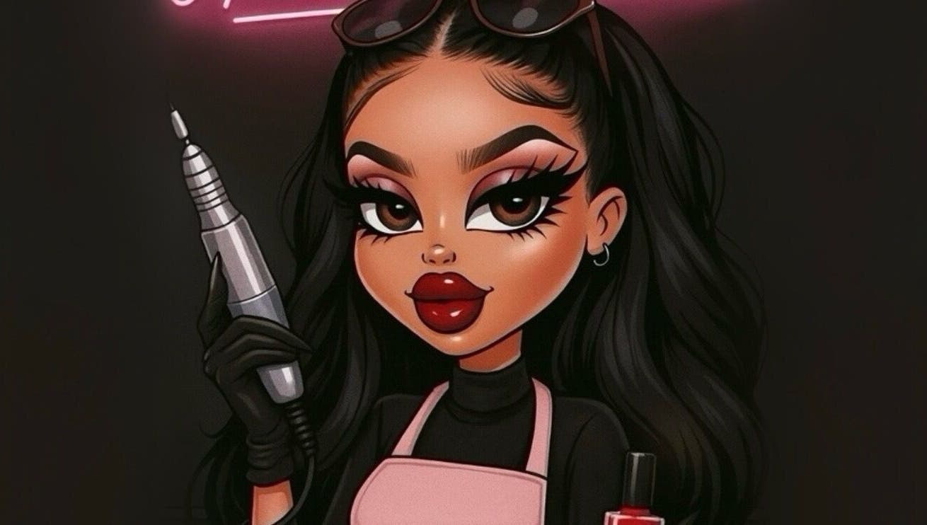 Cartoon nail artist with tools, House of Rome, Beckingham, England, GB.