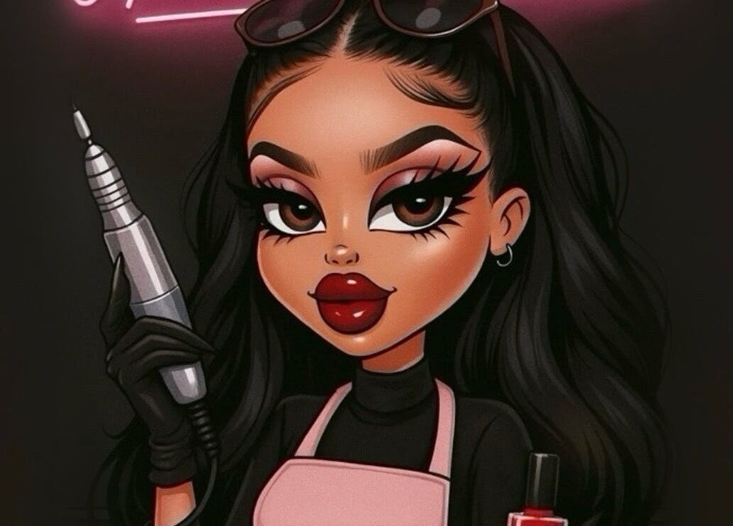 Cartoon nail artist with tools, House of Rome, Beckingham, England, GB.