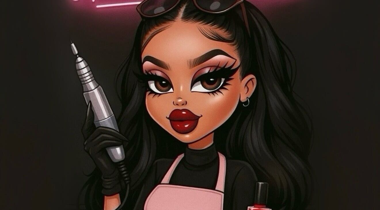 Cartoon nail artist with tools, House of Rome, Beckingham, England, GB.