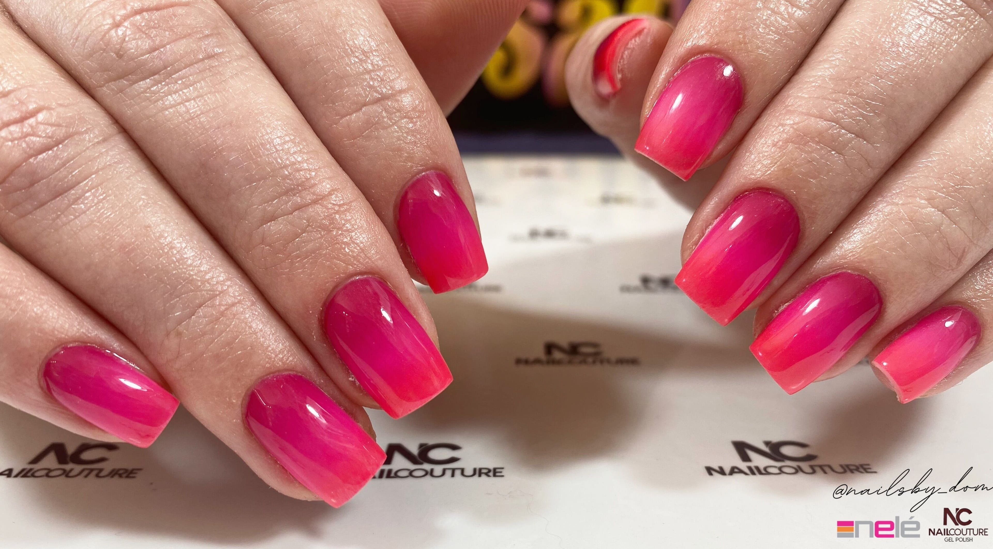 Close-up of vibrant pink ombre nails at Nails By Dom, Benoni, Gauteng, ZA.