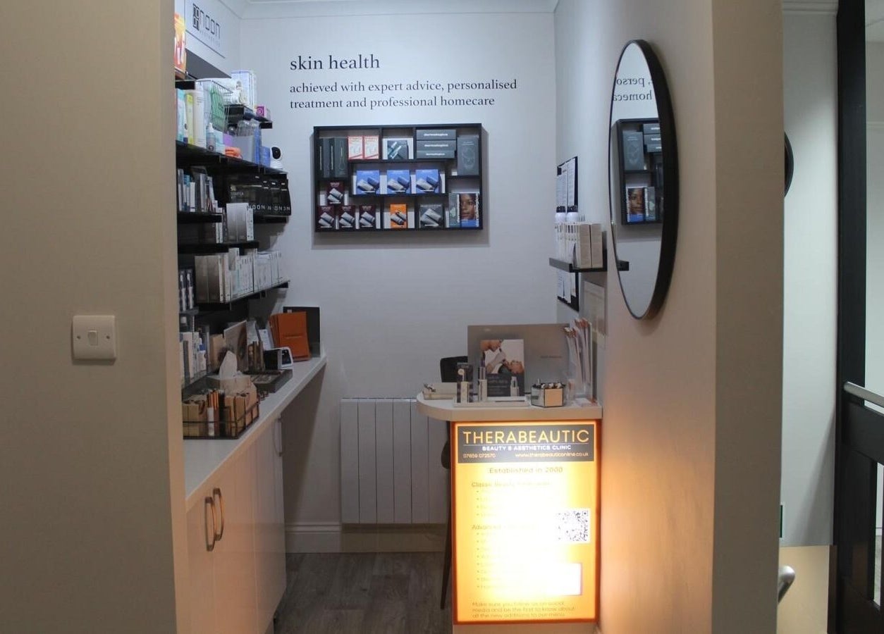 Therabeautic entrance showcasing skin health products in Potters Bar, England, GB.