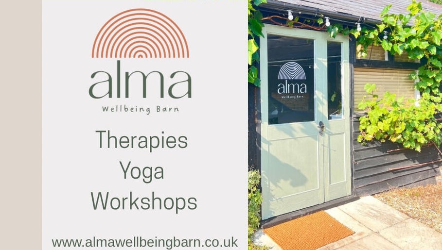Alma Wellbeing Barn entrance showcasing therapies and workshops in Bourn, England, GB.