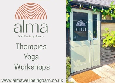 Alma Wellbeing Barn entrance showcasing therapies and workshops in Bourn, England, GB.