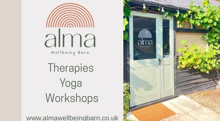 Alma Wellbeing Barn entrance showcasing therapies and workshops in Bourn, England, GB.