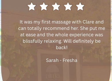 Five-star review for Alma Wellbeing Barn, Bourn, England, praising a relaxing massage experience.