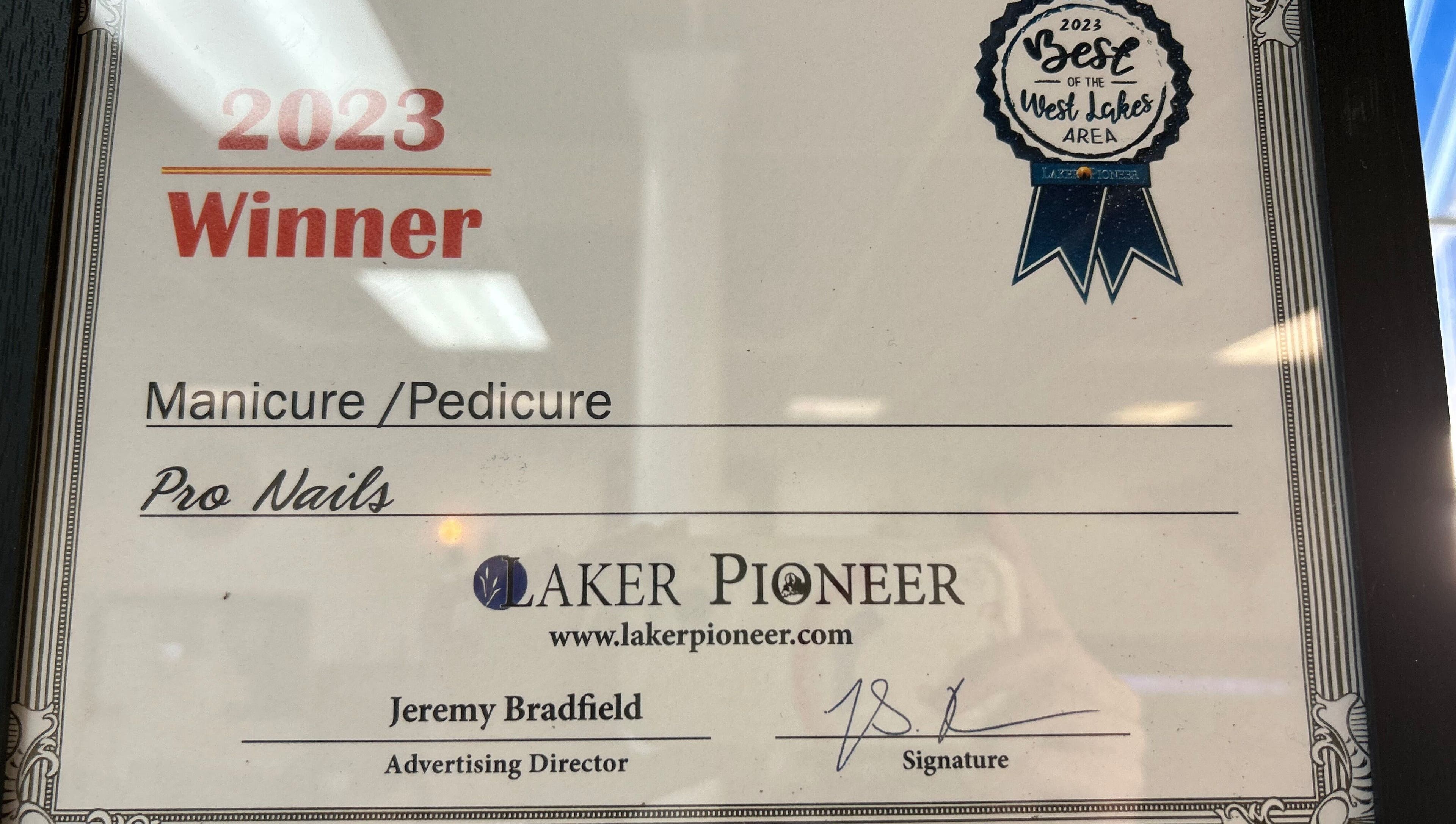 Pro Nails Mound awarded 2023 Best West Lakes Area for manicure and pedicure in Mound, Minnesota, US.