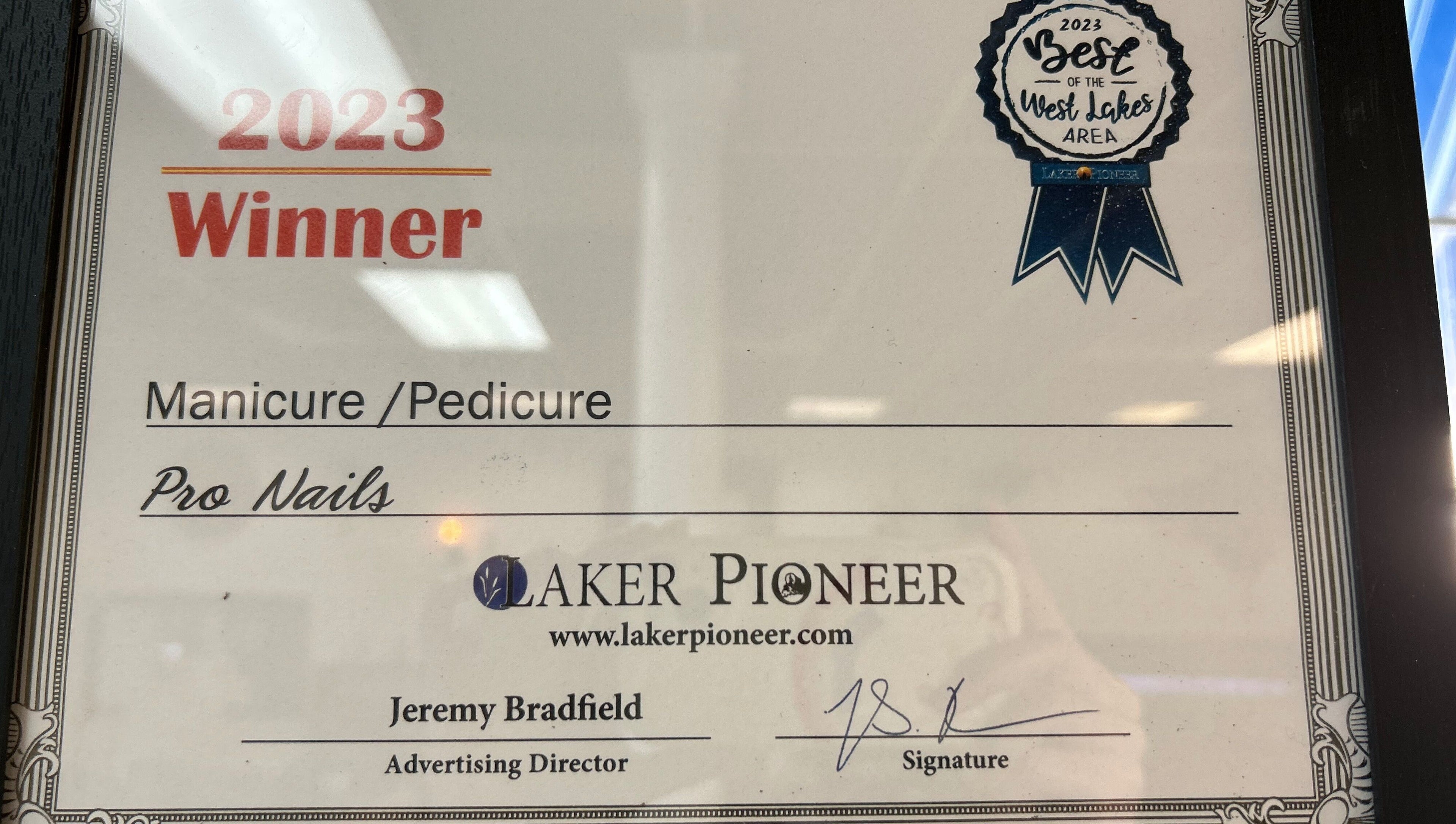 Pro Nails Mound awarded 2023 Best West Lakes Area for manicure and pedicure in Mound, Minnesota, US.