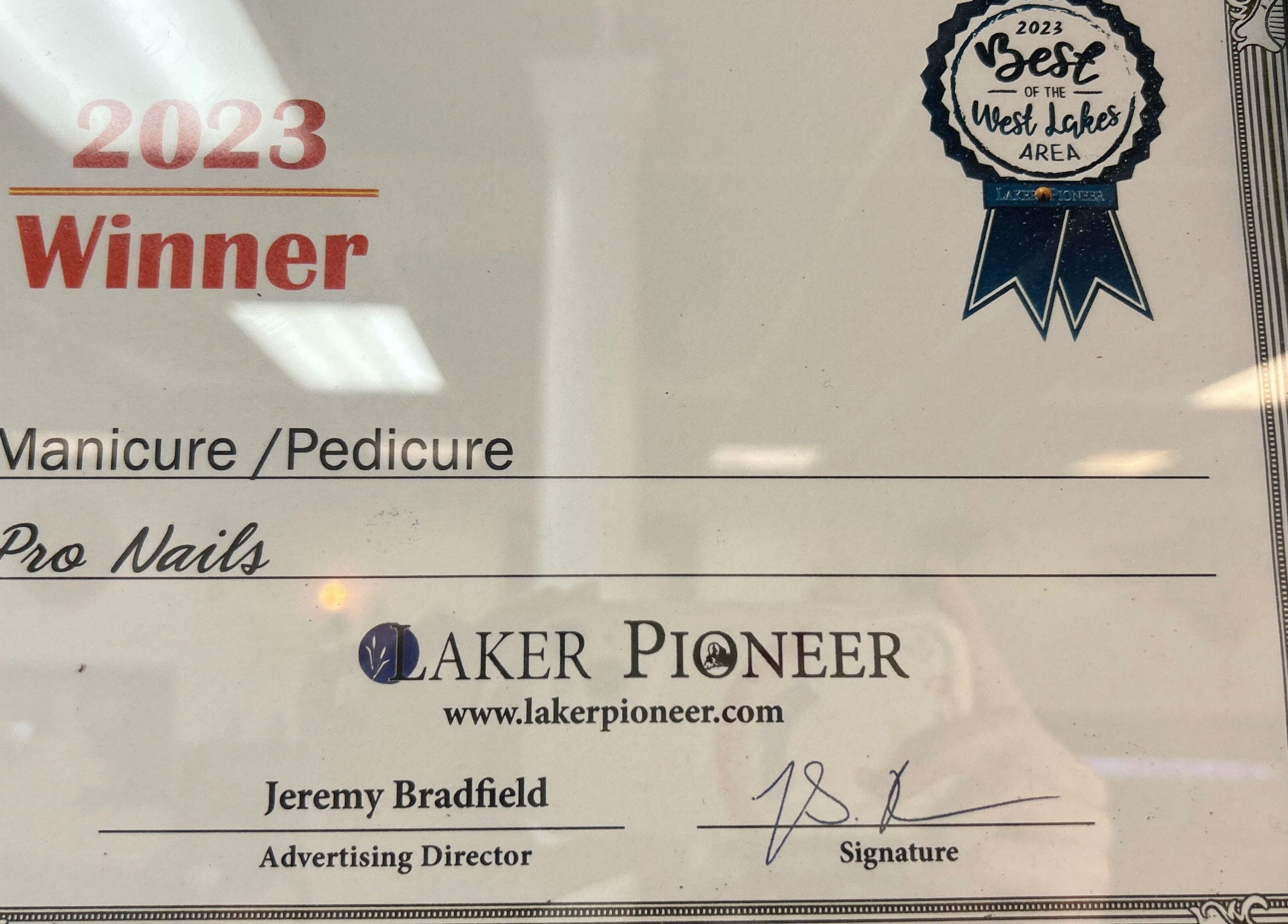 Pro Nails Mound awarded 2023 Best West Lakes Area for manicure and pedicure in Mound, Minnesota, US.