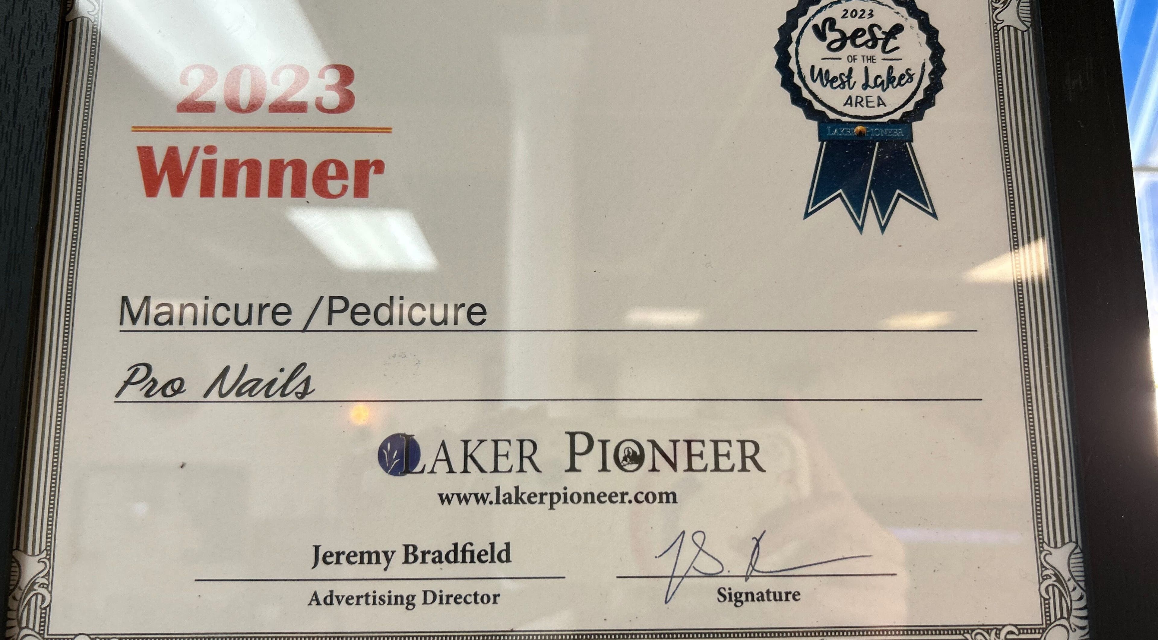 Pro Nails Mound awarded 2023 Best West Lakes Area for manicure and pedicure in Mound, Minnesota, US.