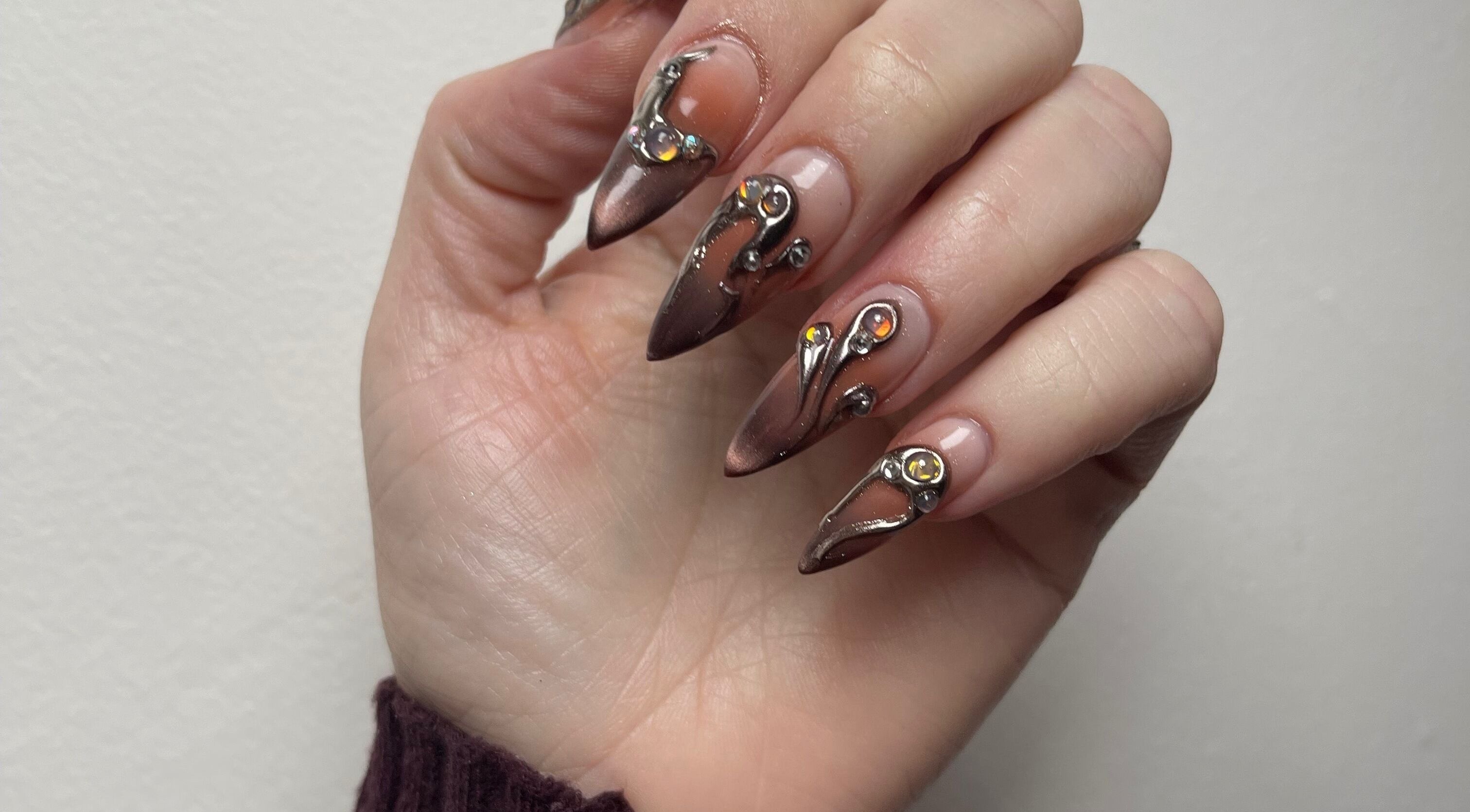 Elegant nail art with jewels by Dina Nail Designer, Edinburgh, Scotland, GB.