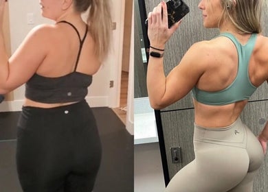 Before and after fitness transformation at Marks Peak Form, Howell, Michigan, US showcasing muscle definition.