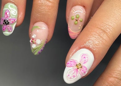 Close-up of intricate floral nail art at Lani Nails London, located in London, GB.
