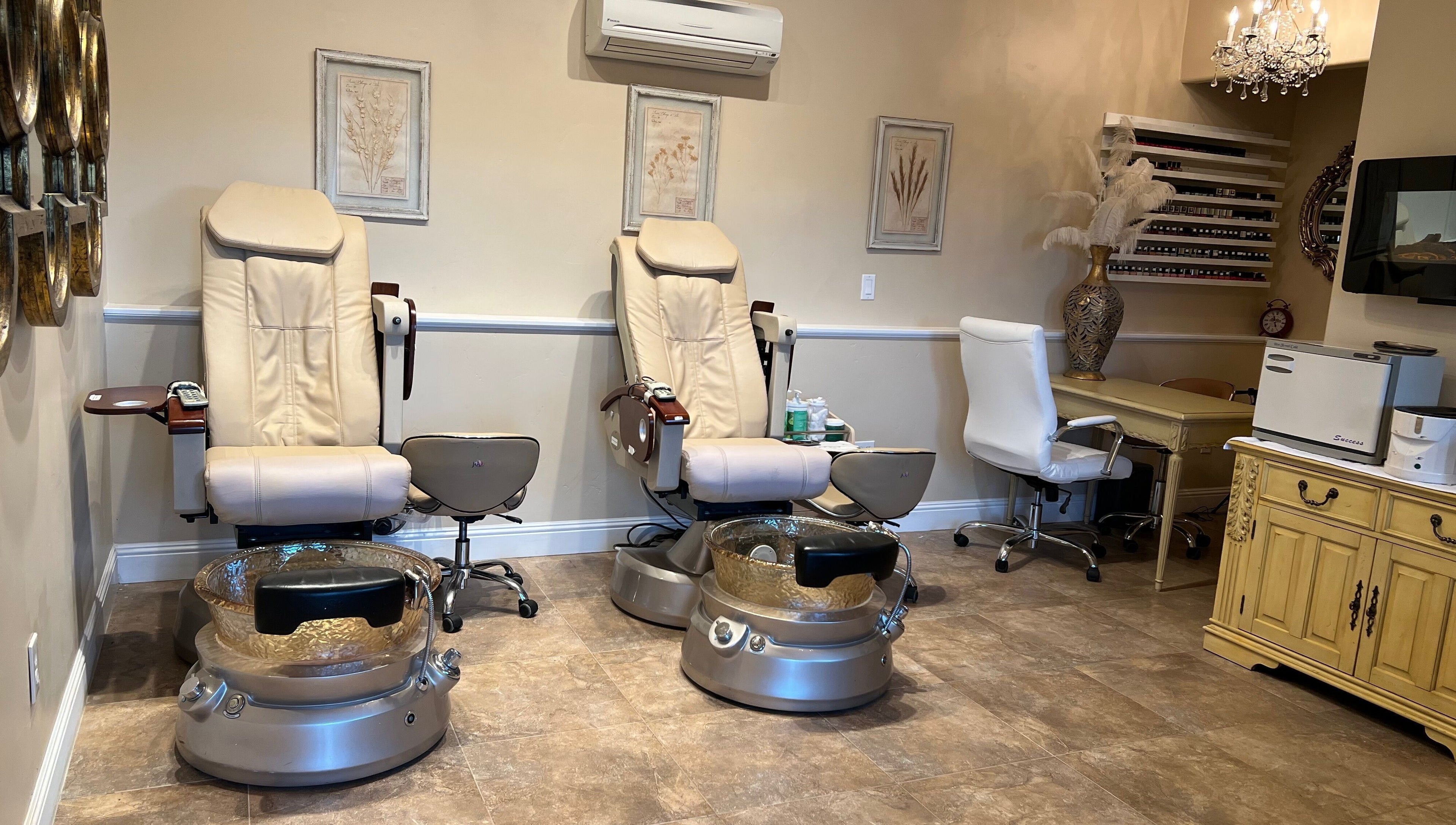 Luxury pedicure chairs at Opal Spa and Boutique in Santa Cruz, California, US offering a relaxing experience.