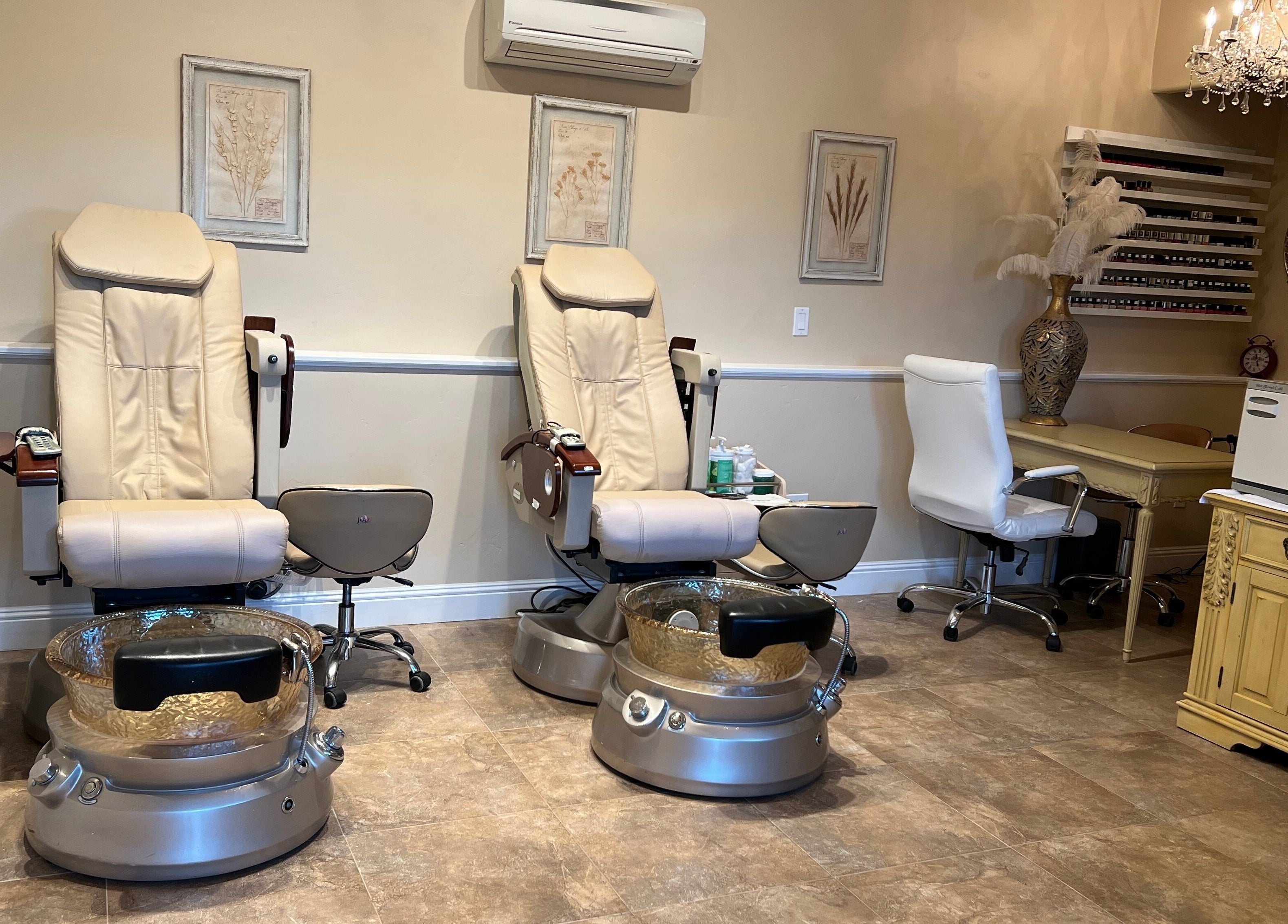 Luxury pedicure chairs at Opal Spa and Boutique in Santa Cruz, California, US offering a relaxing experience.