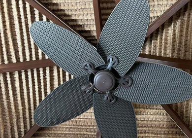 Ceiling fan with woven blades at Lil’Ohana Massage - Mini Tropical Escape, Southport, Queensland, AU.