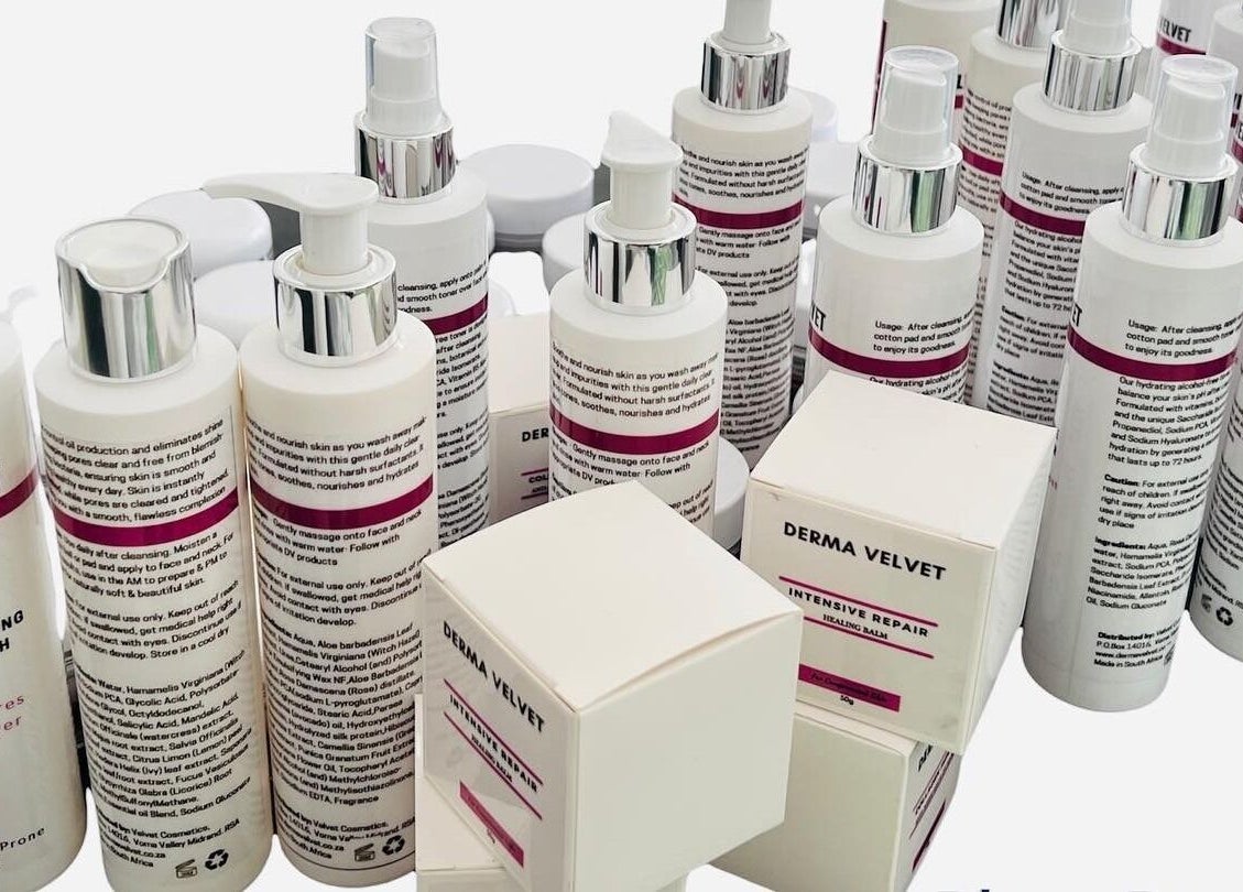 Assorted Derma Velvet skincare products displayed at IHB Salon n Spa, Midrand, Gauteng, ZA.