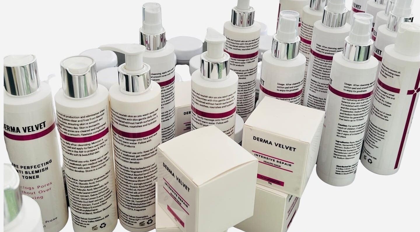 Assorted Derma Velvet skincare products displayed at IHB Salon n Spa, Midrand, Gauteng, ZA.