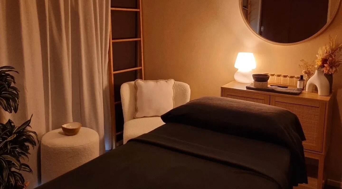 Cozy massage room with ambient lighting at Haven For Self, Hamilton, Waikato, NZ.