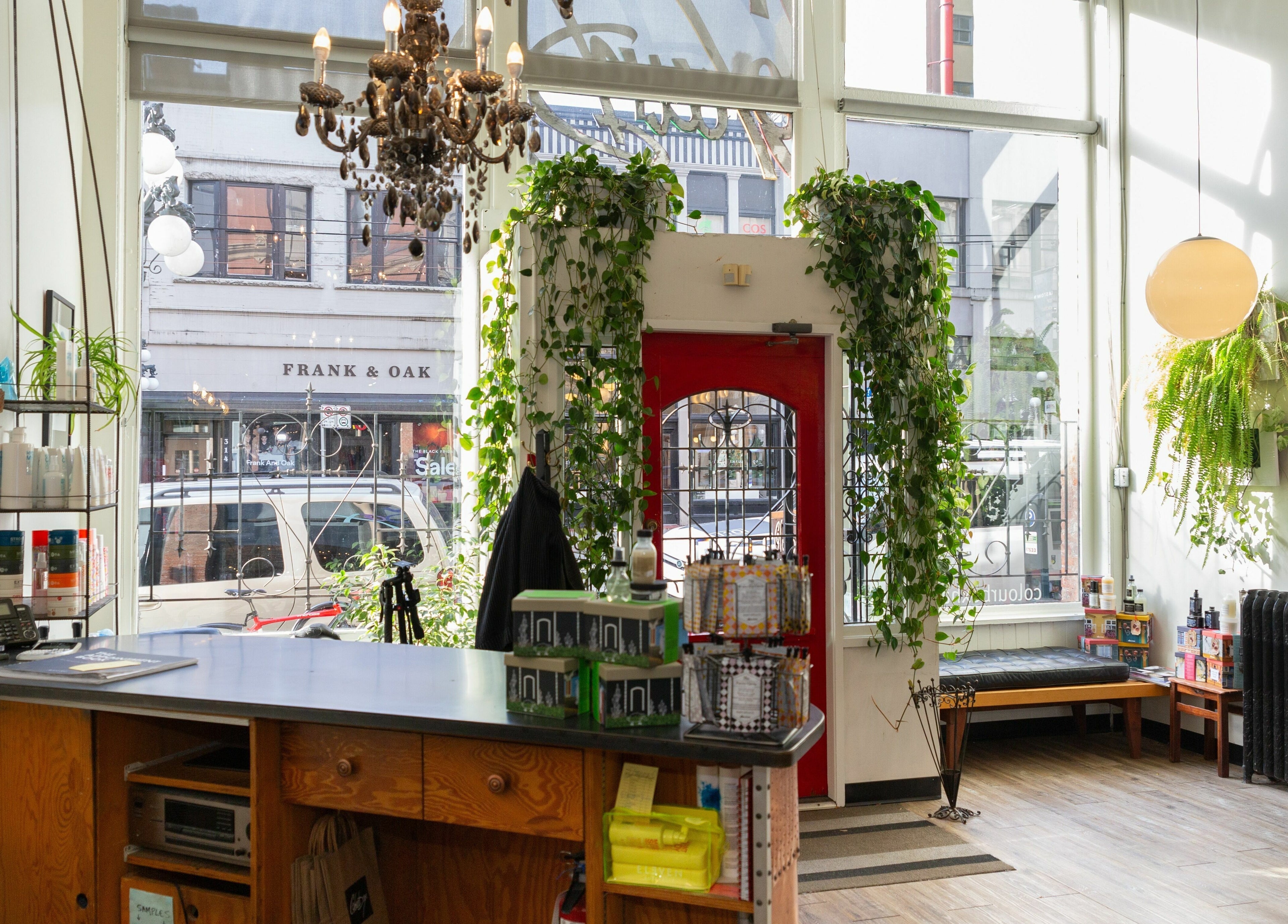 Inviting interior of Colourbox beauty salon in Vancouver, British Columbia, CA with plants and stylish decor.