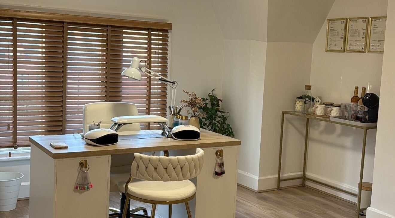 Bright and cozy nail studio at C Beauty Studio, Nottingham, England, GB with modern decor and workstations.
