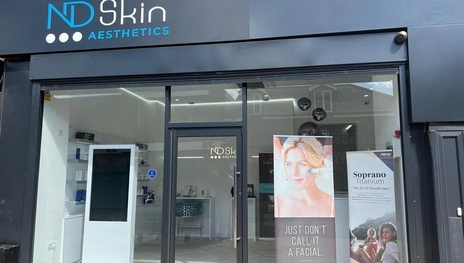 Front view of ND Skin Aesthetics storefront in Leicester, England, GB showcasing modern design.