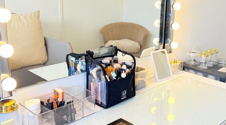 Makeup vanity with brushes and mirror at Beauty By Becca Felton in Aberdare, Wales, GB.