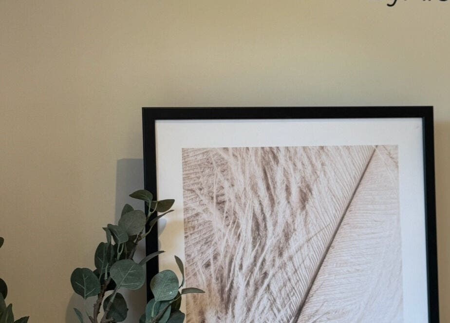 Stylish decor detail at Lash & Brow Studio, ByAlex, Loughton, England, GB with framed art and plants.
