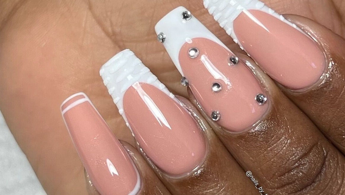 Stylish nude nails with rhinestones at Nails by Taamba, Windhoek, Khomas Region, NA.