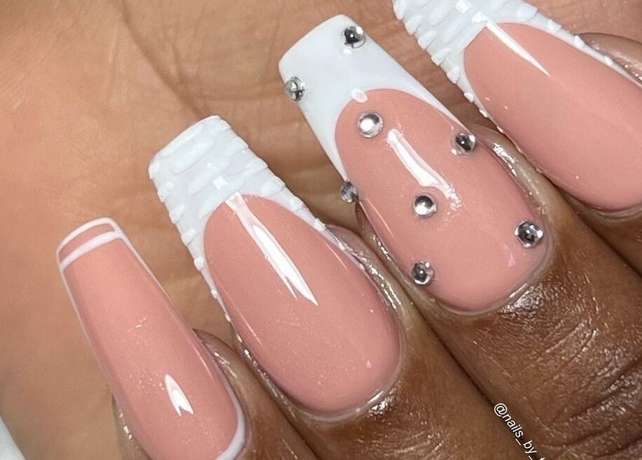 Stylish nude nails with rhinestones at Nails by Taamba, Windhoek, Khomas Region, NA.