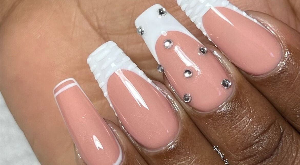Stylish nude nails with rhinestones at Nails by Taamba, Windhoek, Khomas Region, NA.