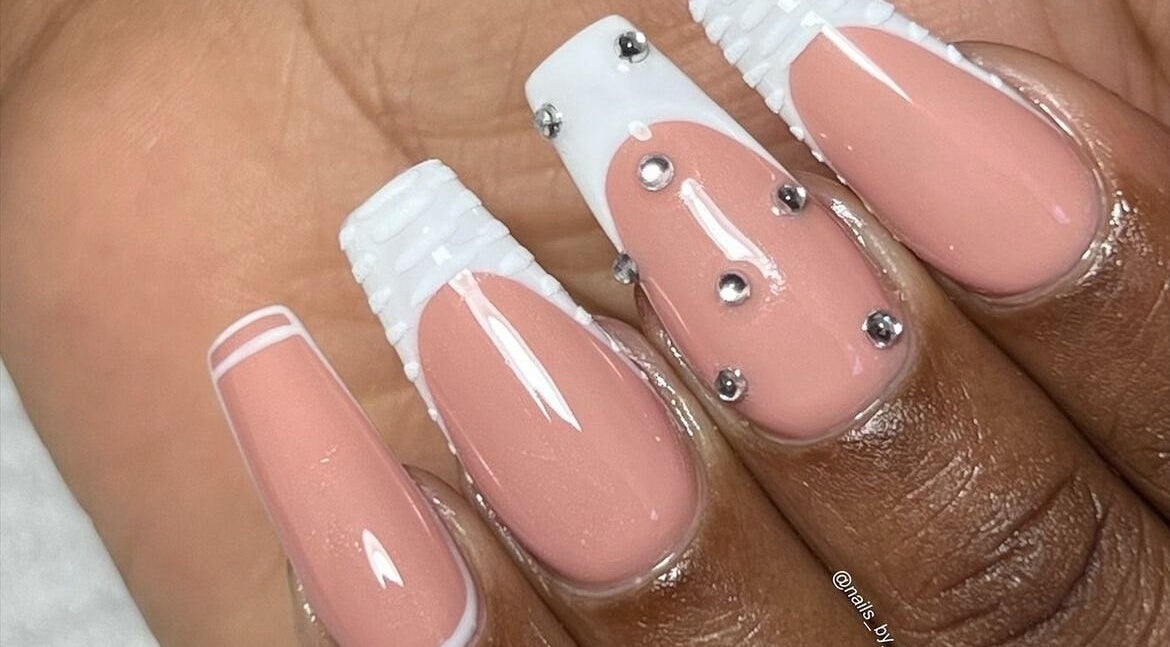 Stylish nude nails with rhinestones at Nails by Taamba, Windhoek, Khomas Region, NA.