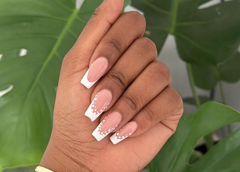 Elegant nail art with white dot design at Nails by Taamba, Windhoek, Khomas Region, NA.