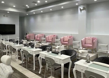 Chic interior of Luxury Nail and Brow Bar in Glendale, California, US featuring stylish manicure stations and seating.