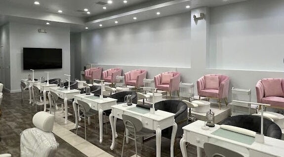 Chic interior of Luxury Nail and Brow Bar in Glendale, California, US featuring stylish manicure stations and seating.