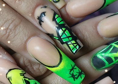 Vibrant neon nail art at The Nail Junkie, Southampton, England, GB. Stunning green and black designs.