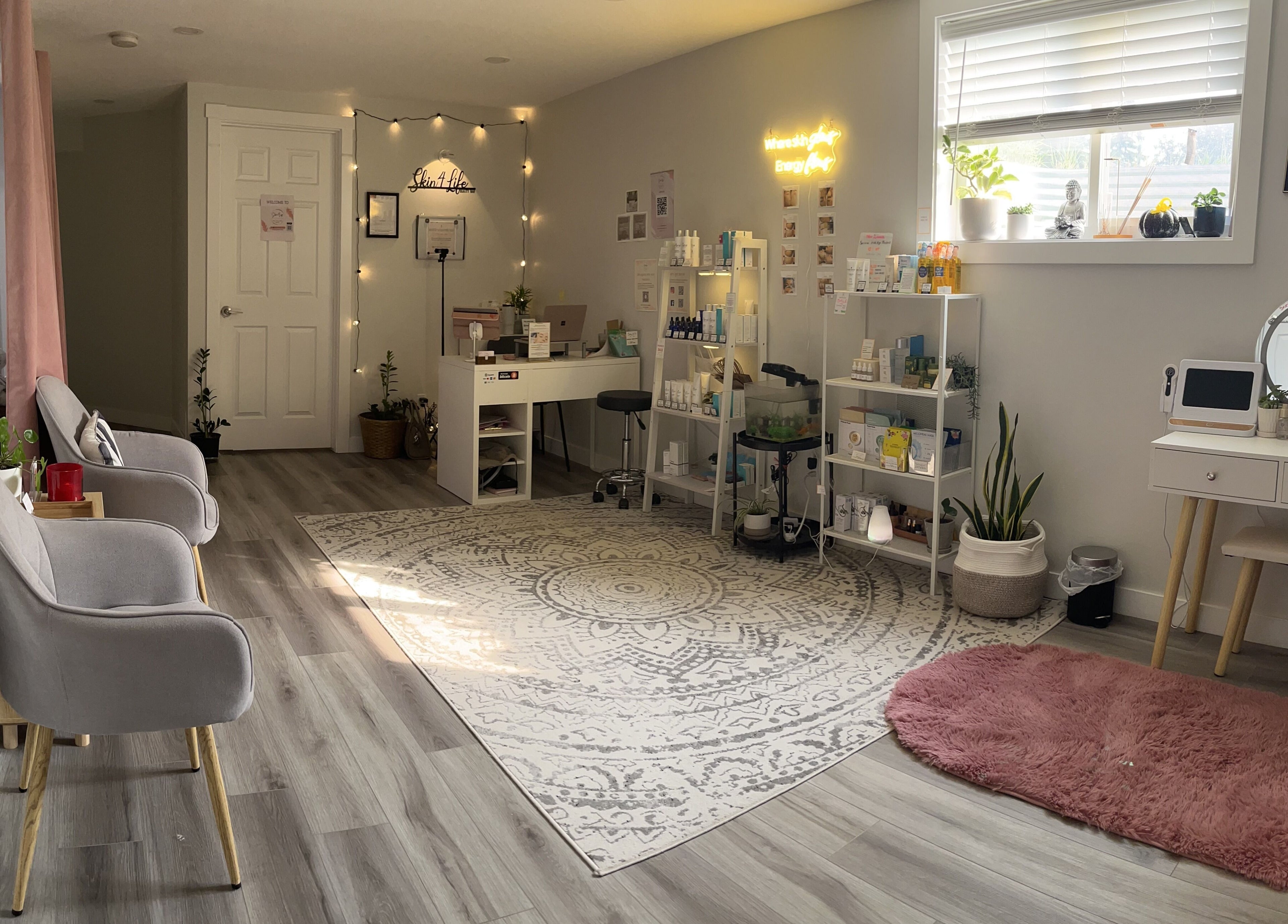 Modern and serene interior of Skin4Life Beauty Bar in Calgary, Alberta, CA, featuring stylish decor and beauty products.