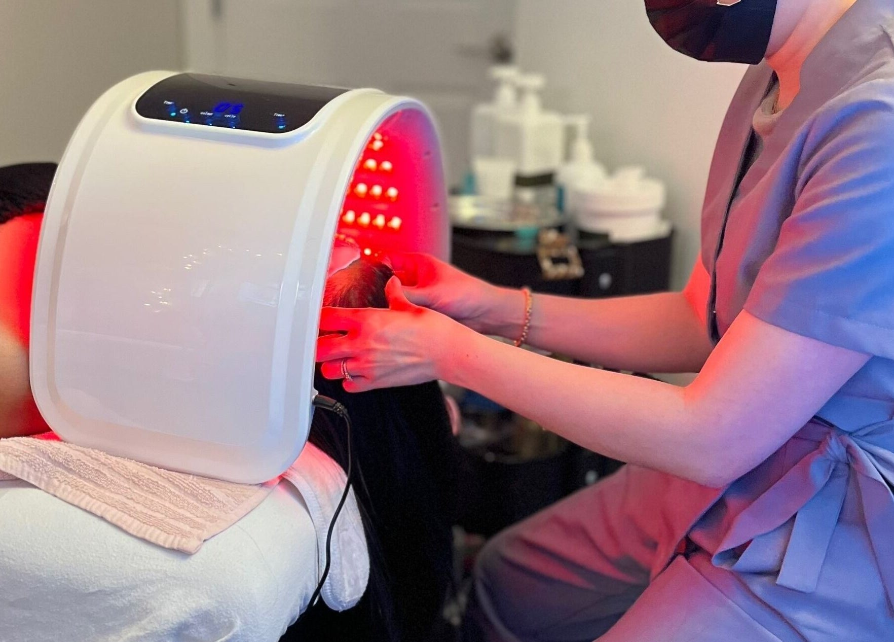 LED therapy session at Skin4Life Beauty Bar in Calgary, Alberta, CA for radiant skin rejuvenation.