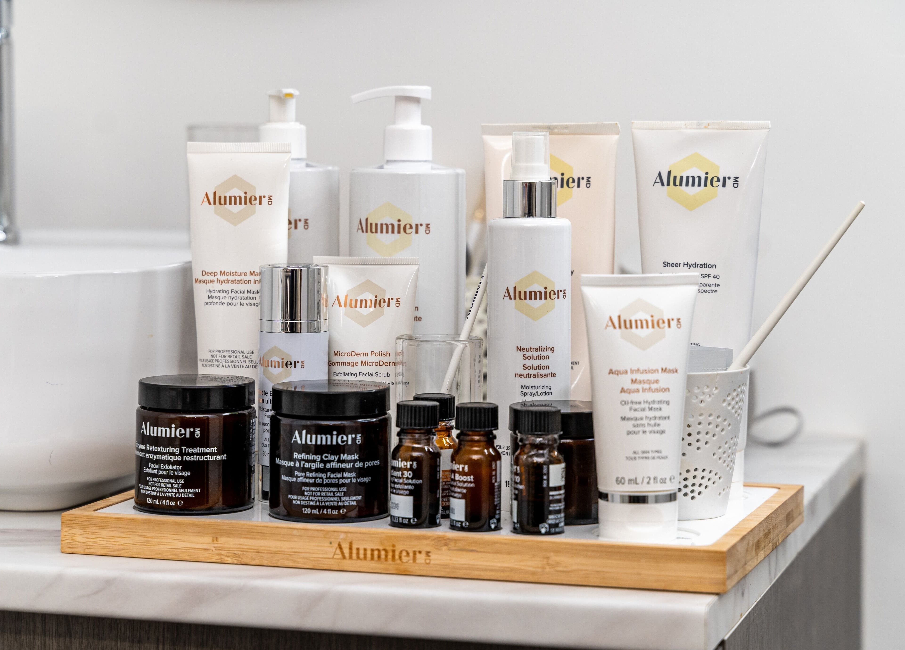 Alumier skincare products elegantly displayed at Skindeep Laser & Beauty, Coventry, England, GB.