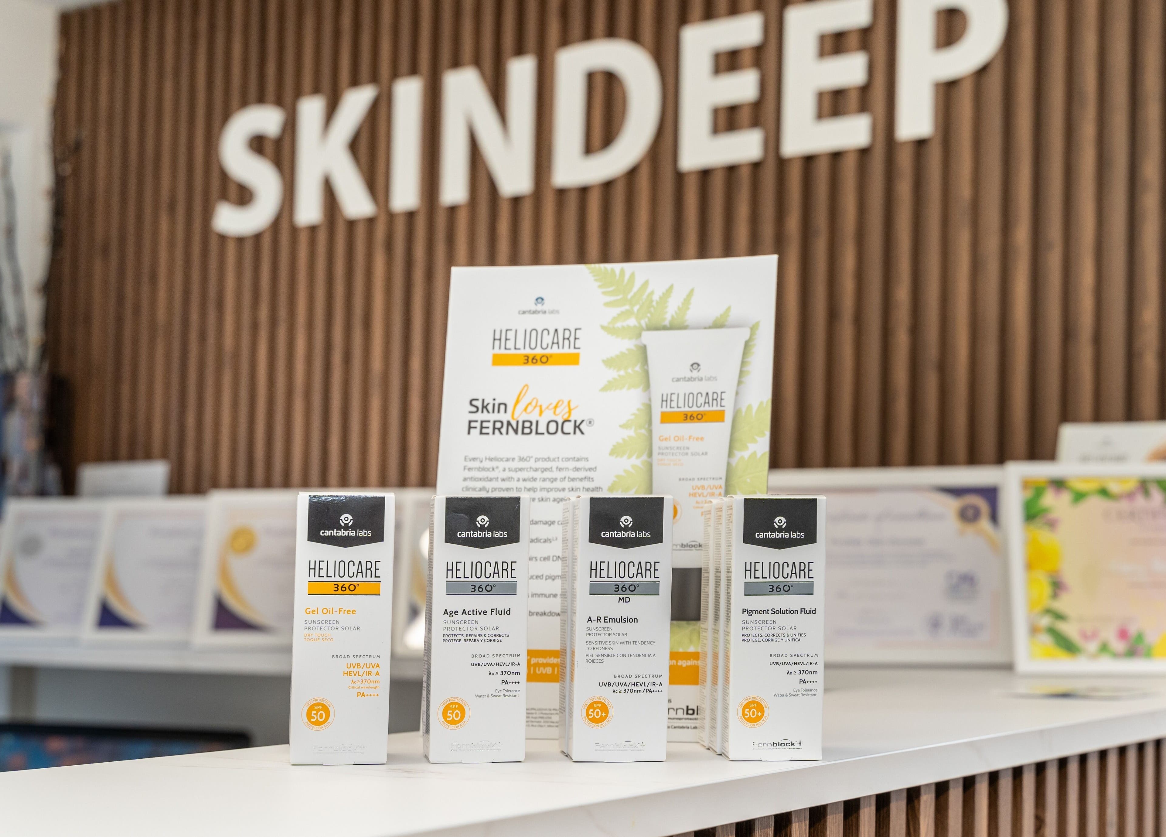 Skincare products on display at Skindeep Laser & Beauty in Coventry, England, GB.